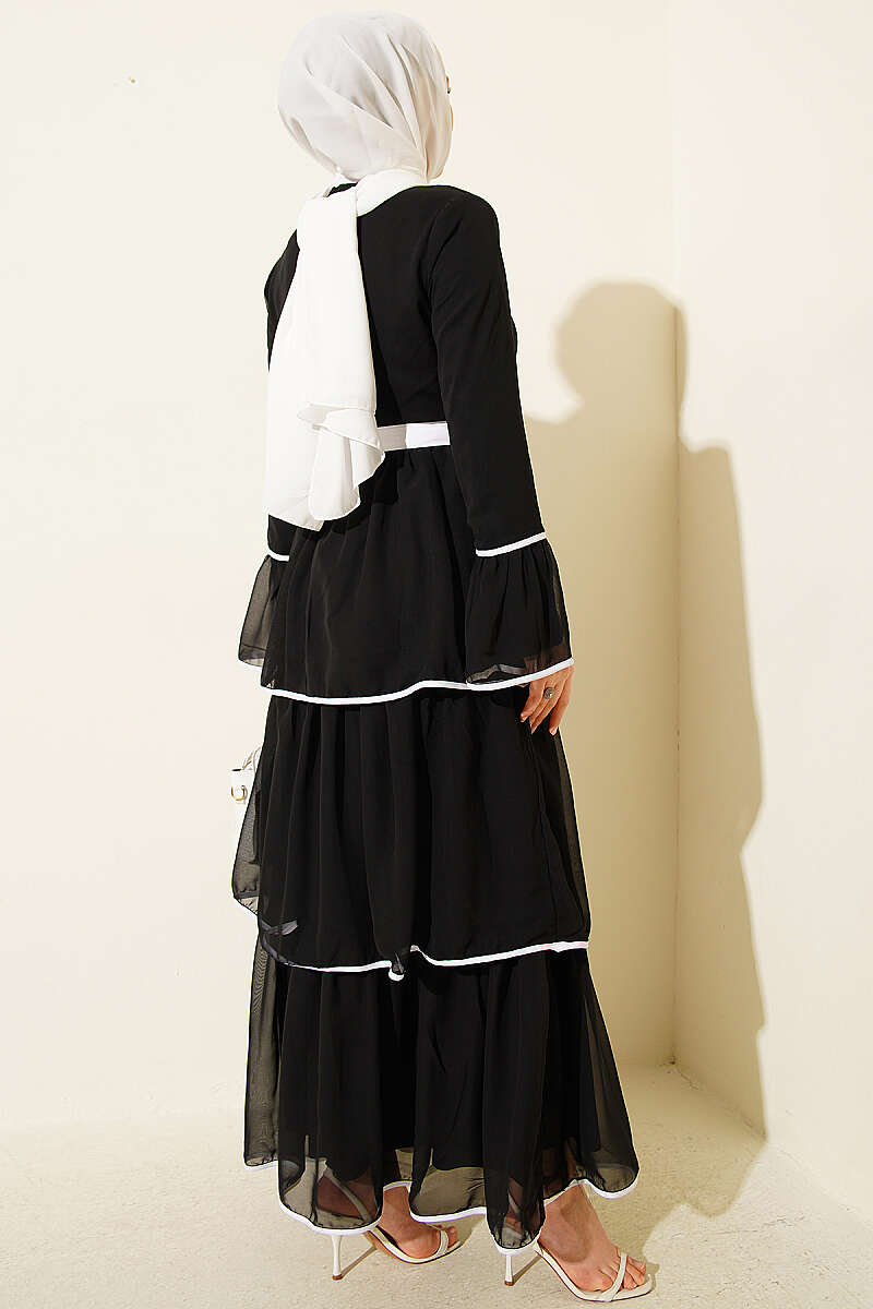 Belted Tiered Chiffon Dress with Piping - Black