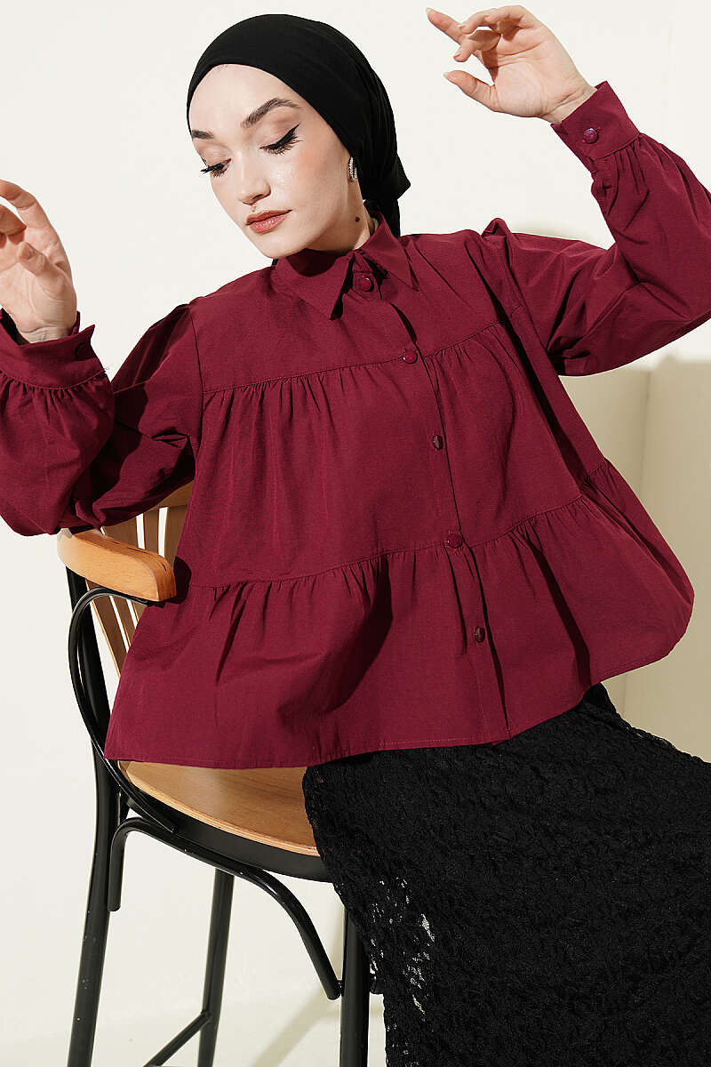 Tiered Gathered Shirt - Burgundy