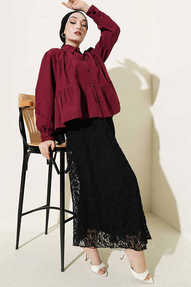 Tiered Gathered Shirt - Burgundy