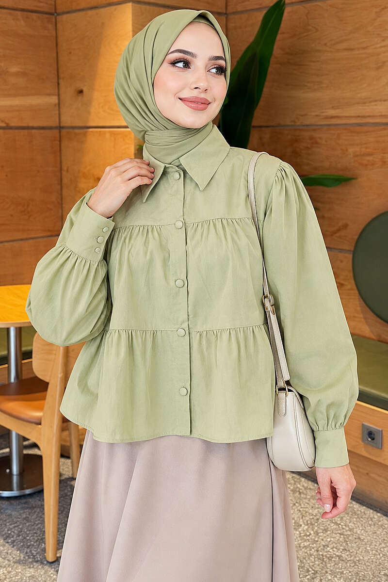 Tiered Gathered Shirt - Almond Green