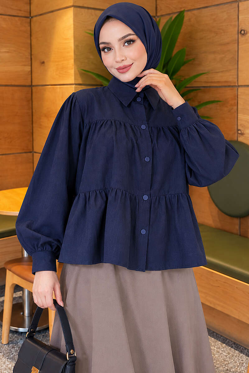Tiered Gathered Shirt - Navy