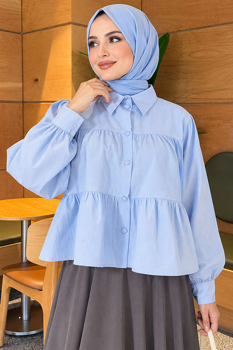 Tiered Gathered Shirt - Blue