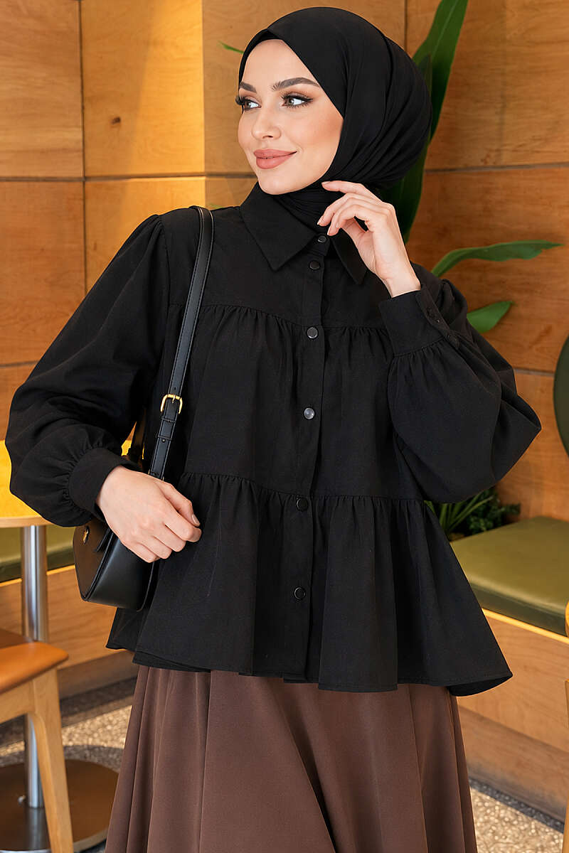 Tiered Gathered Shirt - Black