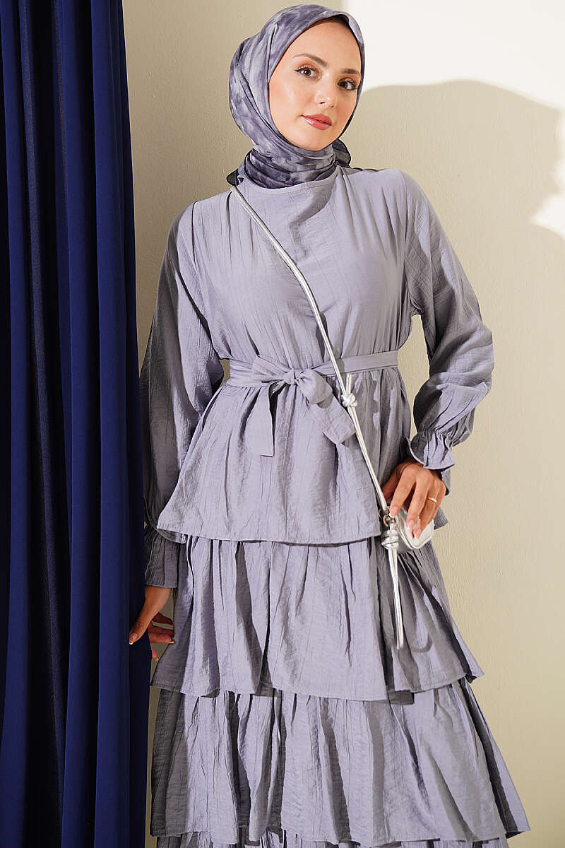 Belted Dress with Tiered Skirt - Grey