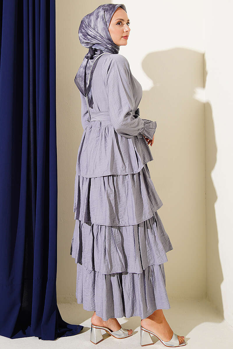 Belted Dress with Tiered Skirt - Grey