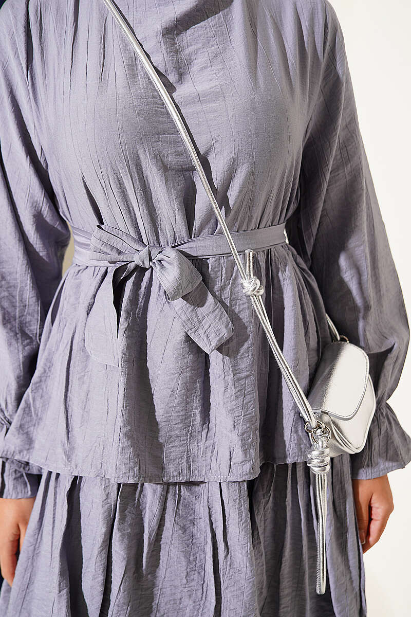 Belted Dress with Tiered Skirt - Grey