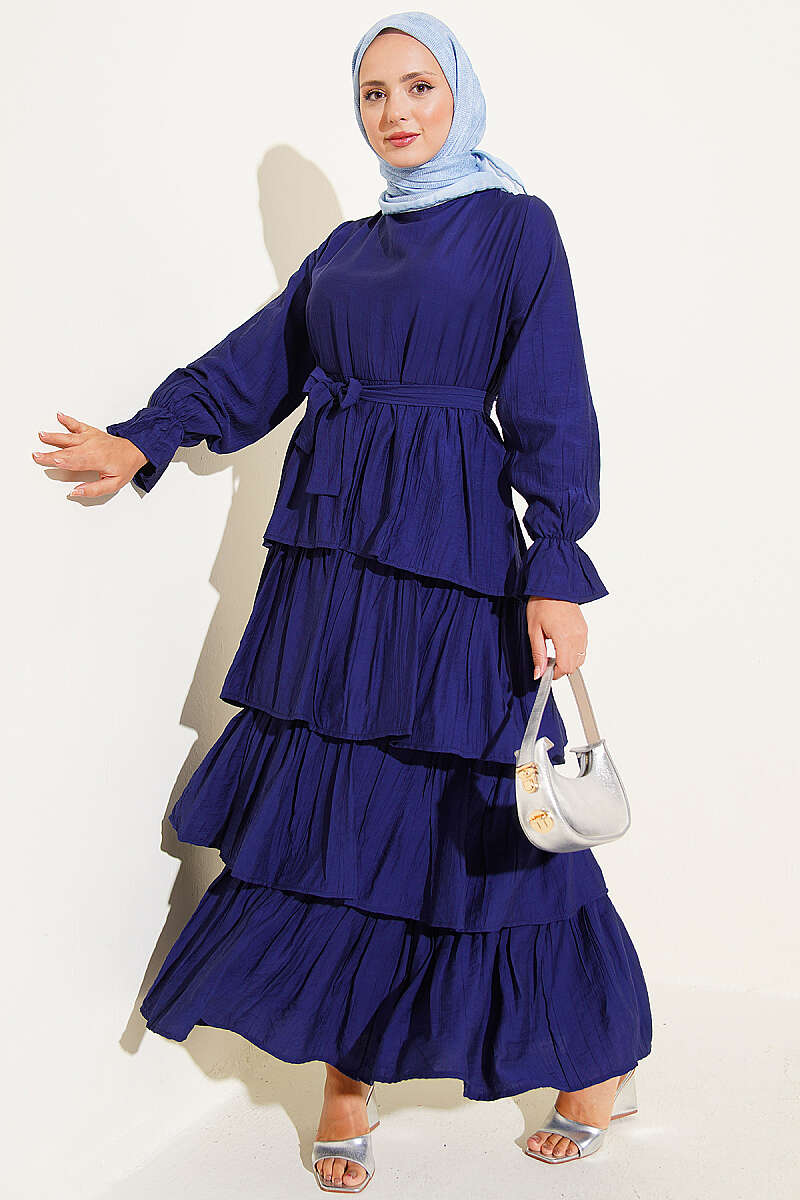 Belted Dress with Tiered Skirt - Navy