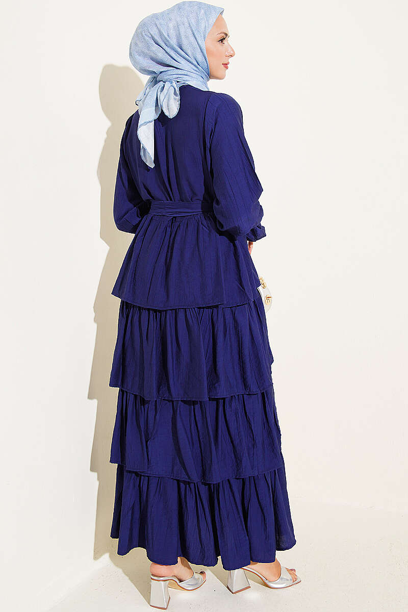 Belted Dress with Tiered Skirt - Navy