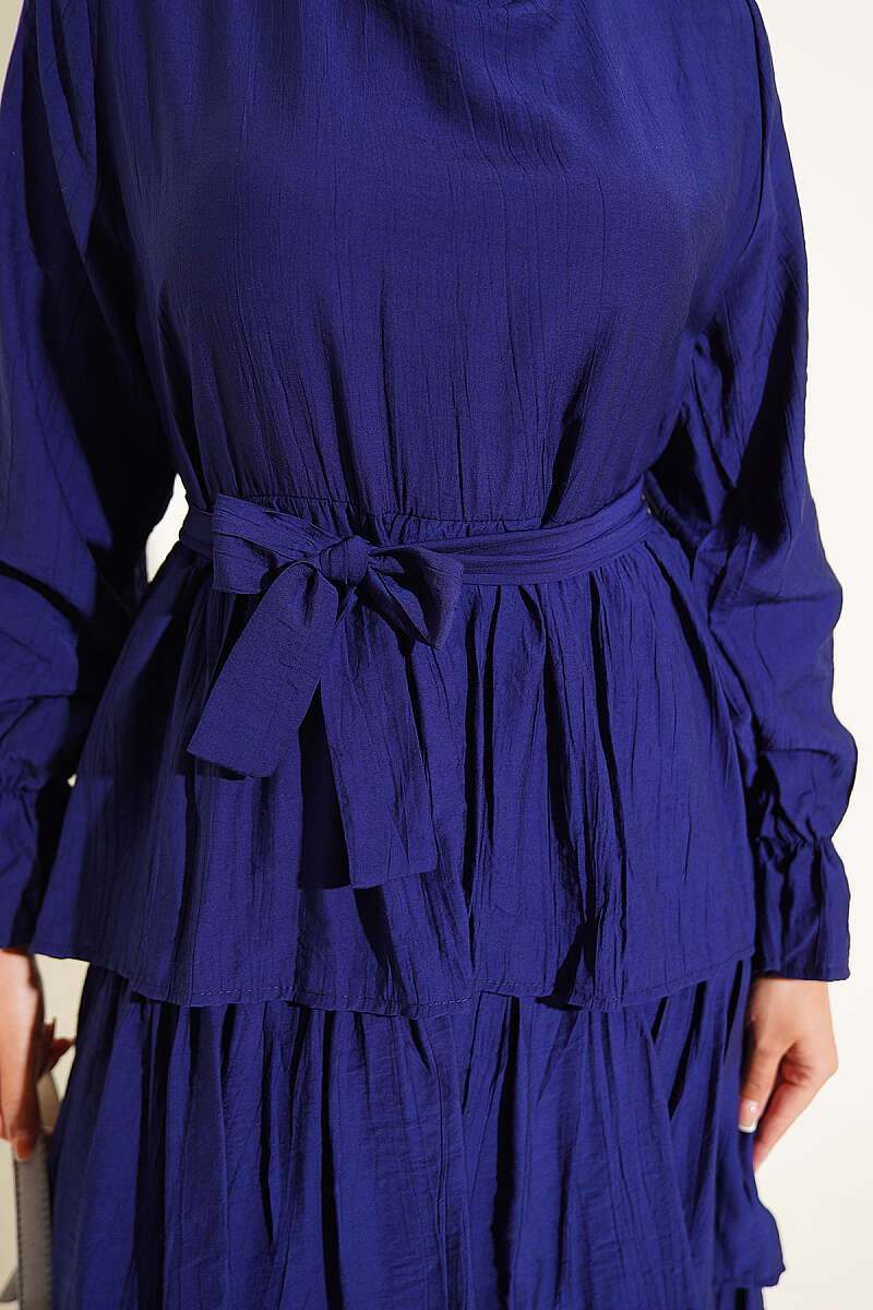 Belted Dress with Tiered Skirt - Navy