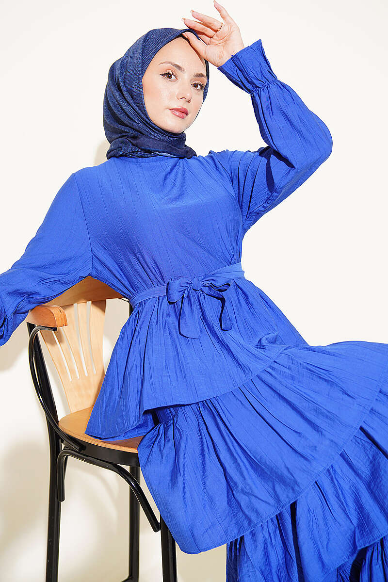 Belted Dress with Tiered Skirt - Saxe Blue