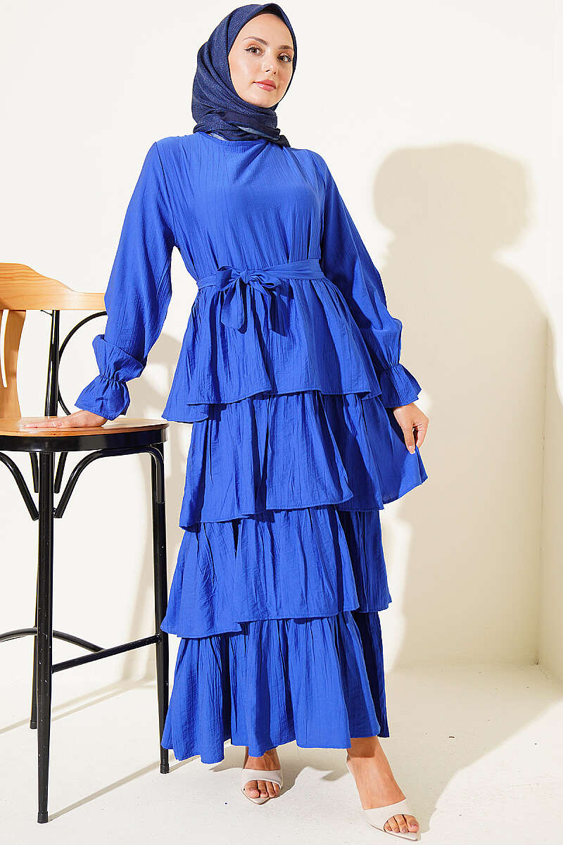 Belted Dress with Tiered Skirt - Saxe Blue