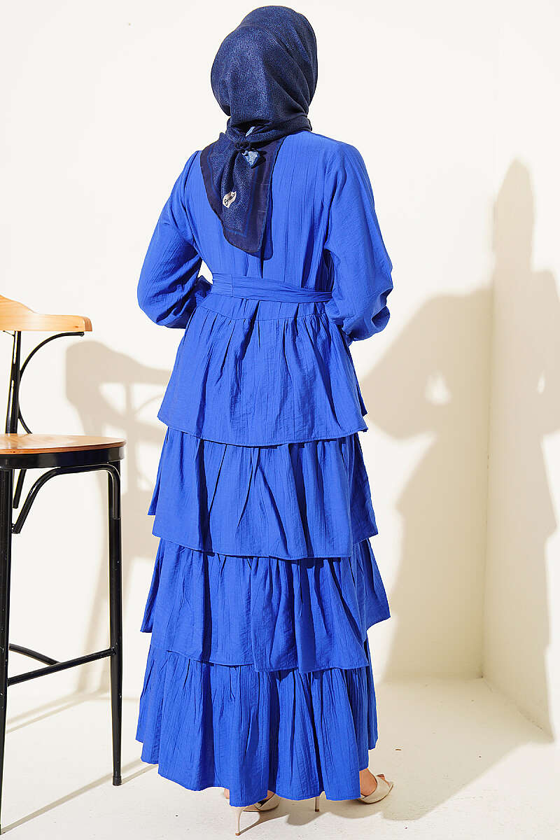 Belted Dress with Tiered Skirt - Saxe Blue