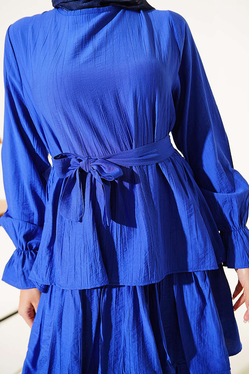 Belted Dress with Tiered Skirt - Saxe Blue