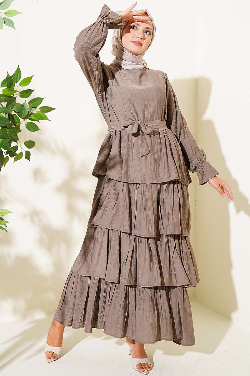 Belted Dress with Tiered Skirt - Mink