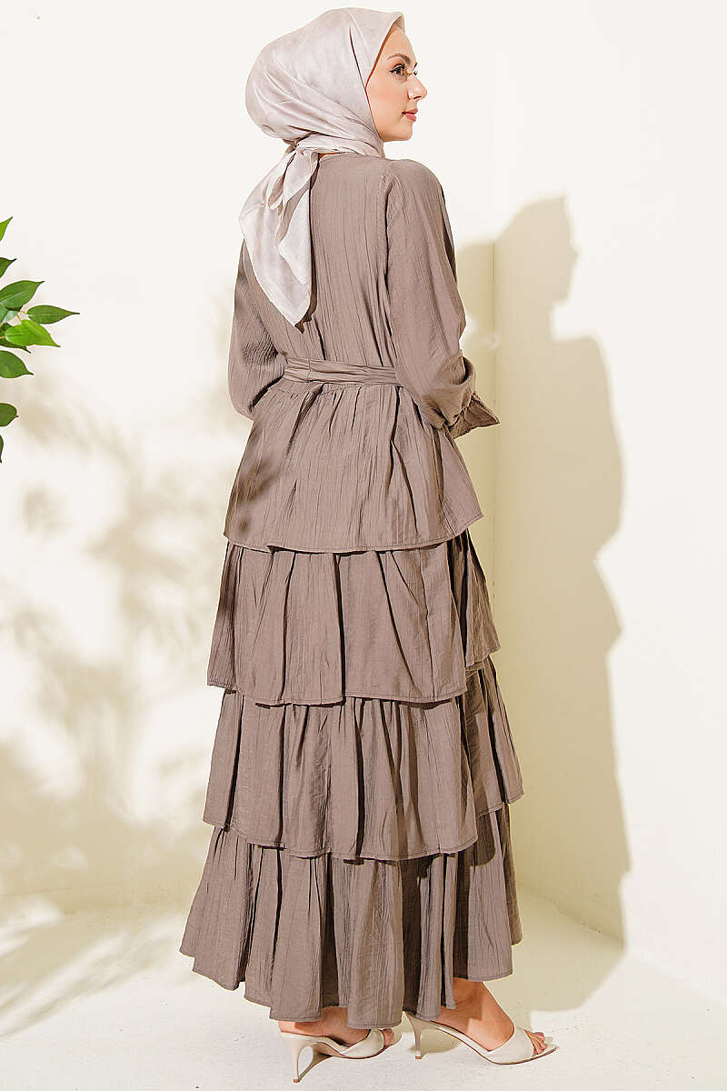 Belted Dress with Tiered Skirt - Mink