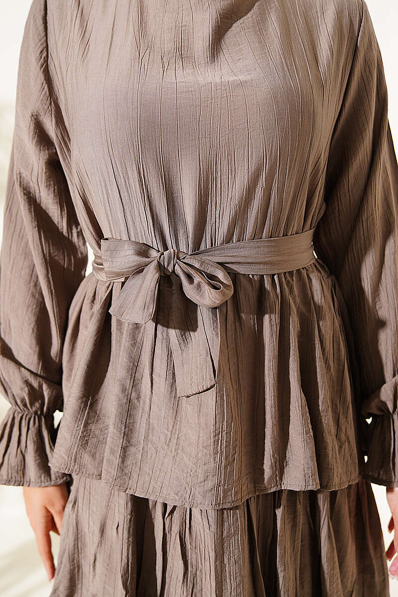 Belted Dress with Tiered Skirt - Mink