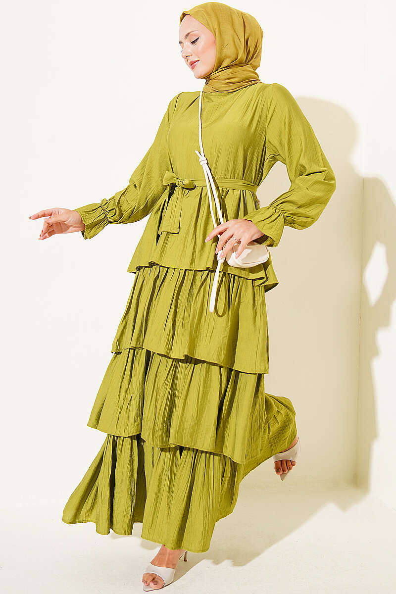 Belted Dress with Tiered Skirt - Olive