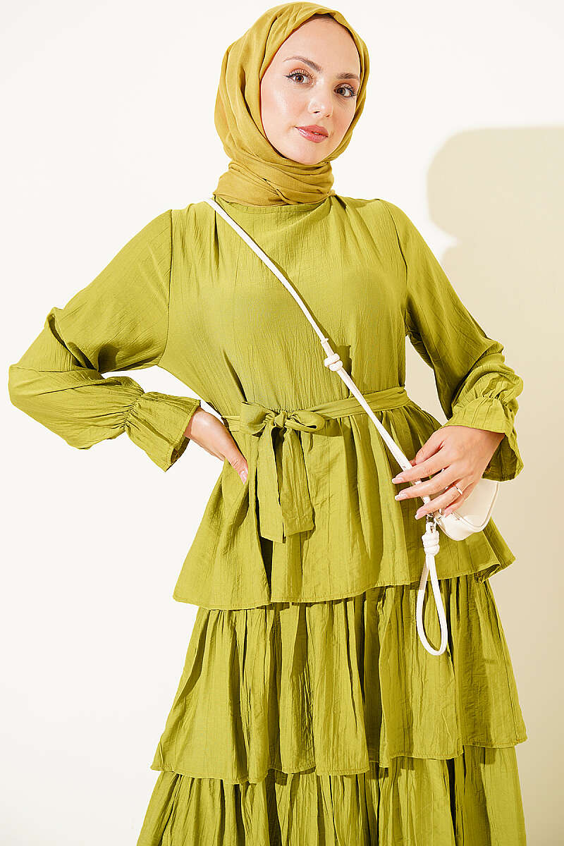Belted Dress with Tiered Skirt - Olive