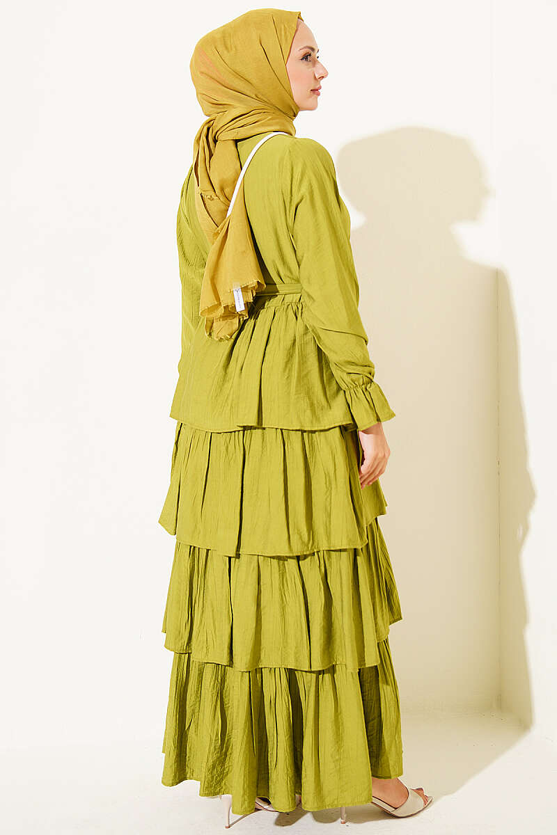 Belted Dress with Tiered Skirt - Olive