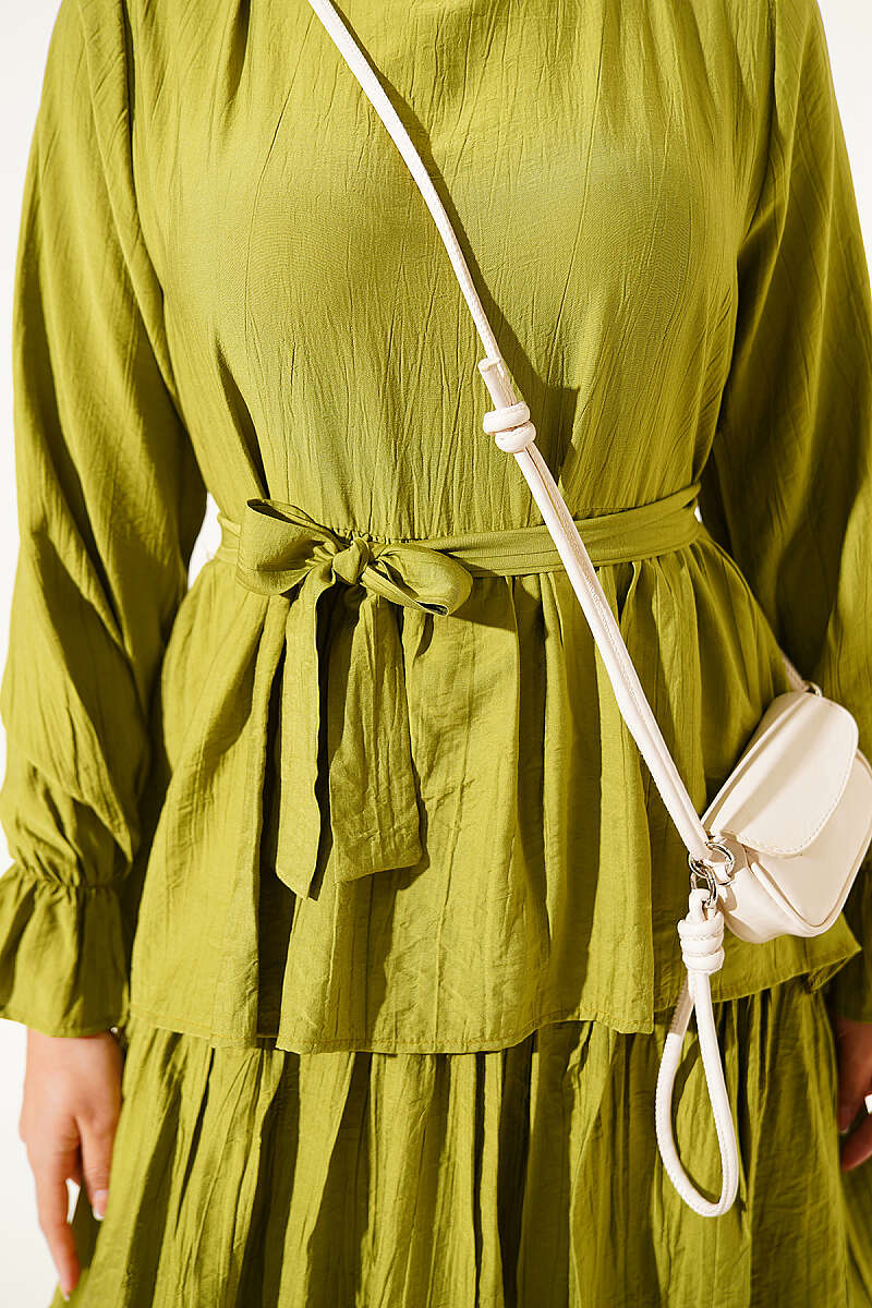 Belted Dress with Tiered Skirt - Olive
