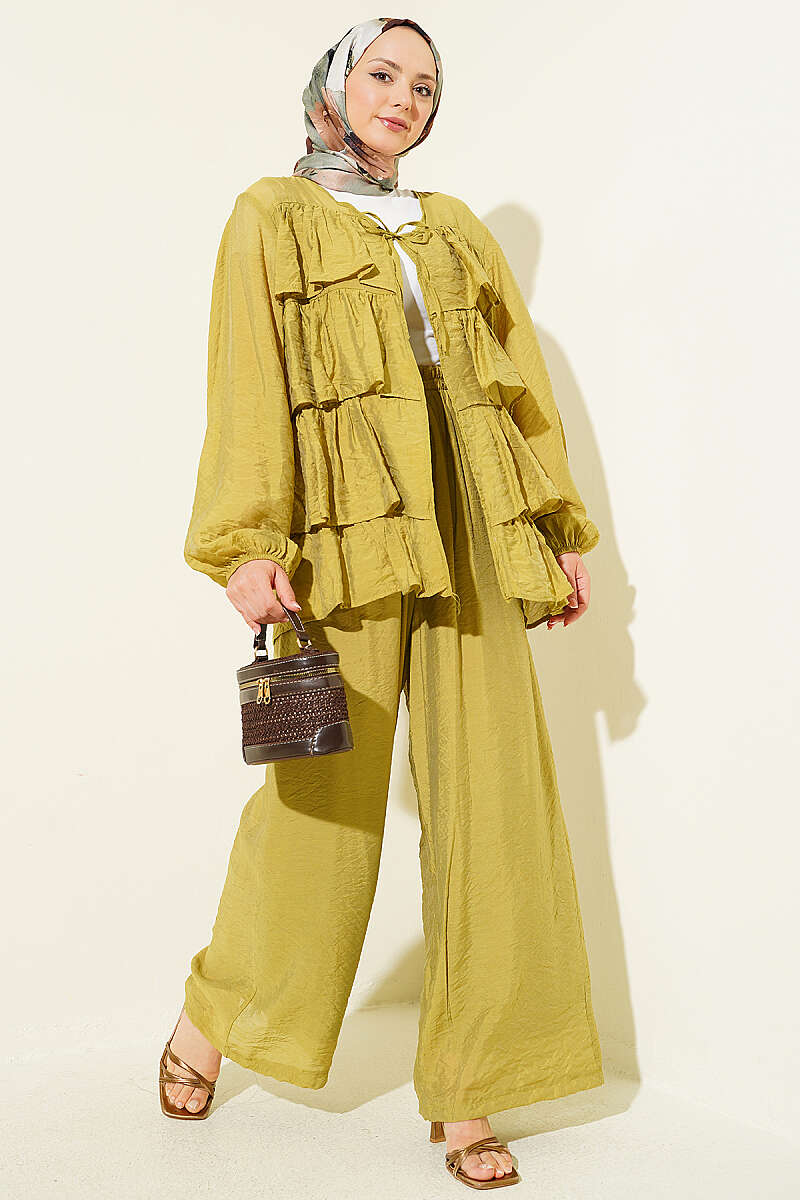 Tiered Ruffle Two-Piece Set with Tie Cord - Olive