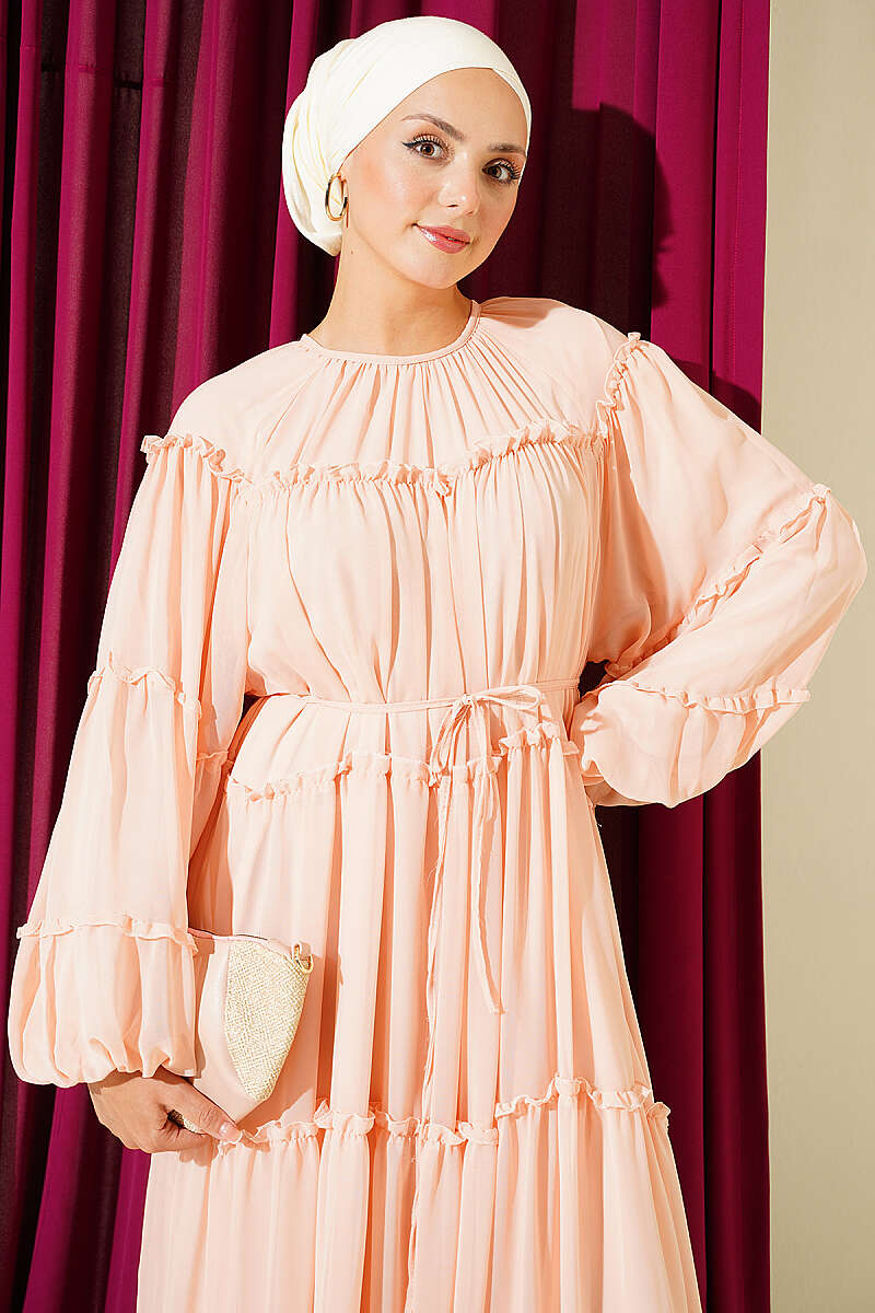 Tiered Ruffle Chiffon Dress - Salmon