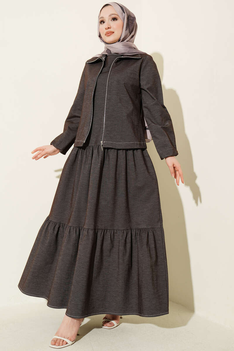 Tiered Denim Pinafore Set with Jacket - Dark Brown