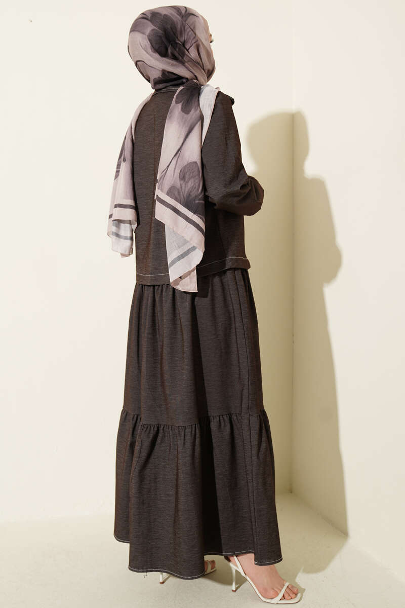 Tiered Denim Pinafore Set with Jacket - Dark Brown