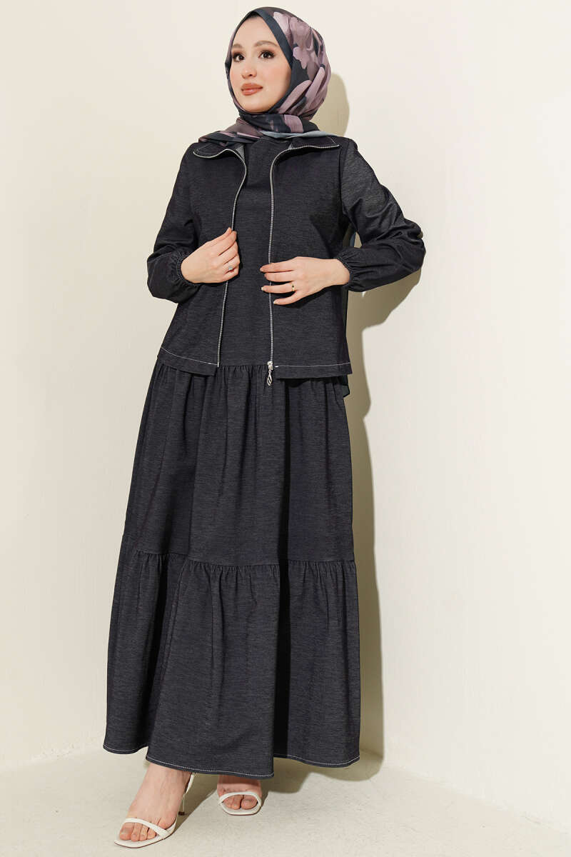 Tiered Denim Pinafore Set with Jacket - Navy