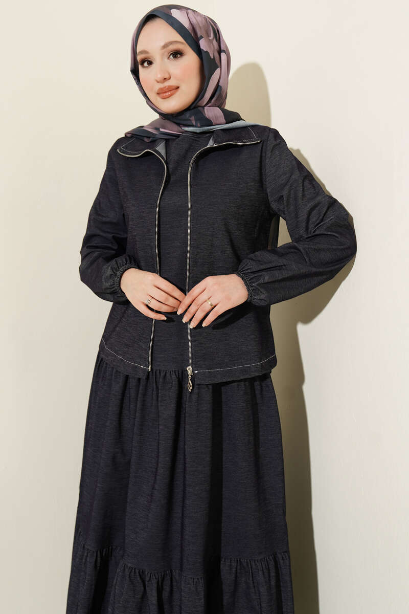 Tiered Denim Pinafore Set with Jacket - Navy