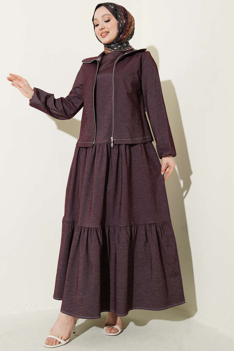 Tiered Denim Pinafore Set with Jacket - Plum