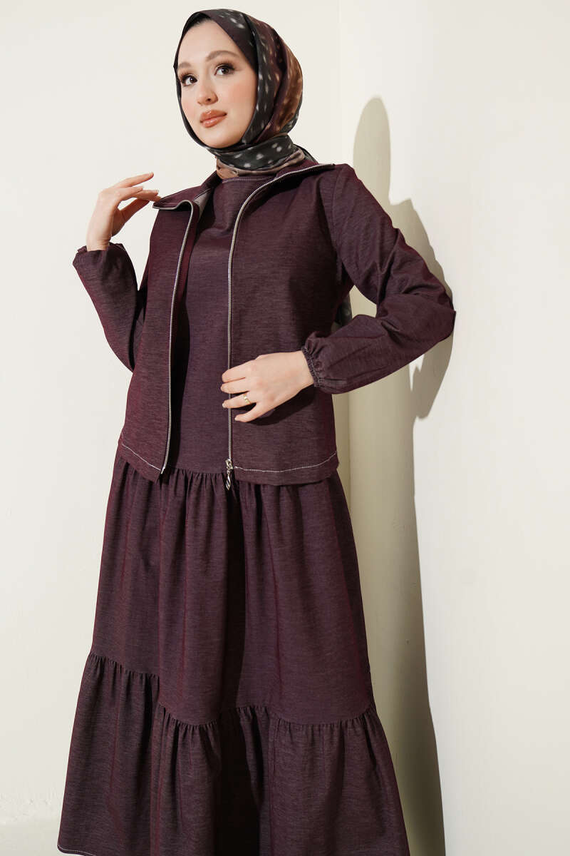 Tiered Denim Pinafore Set with Jacket - Plum