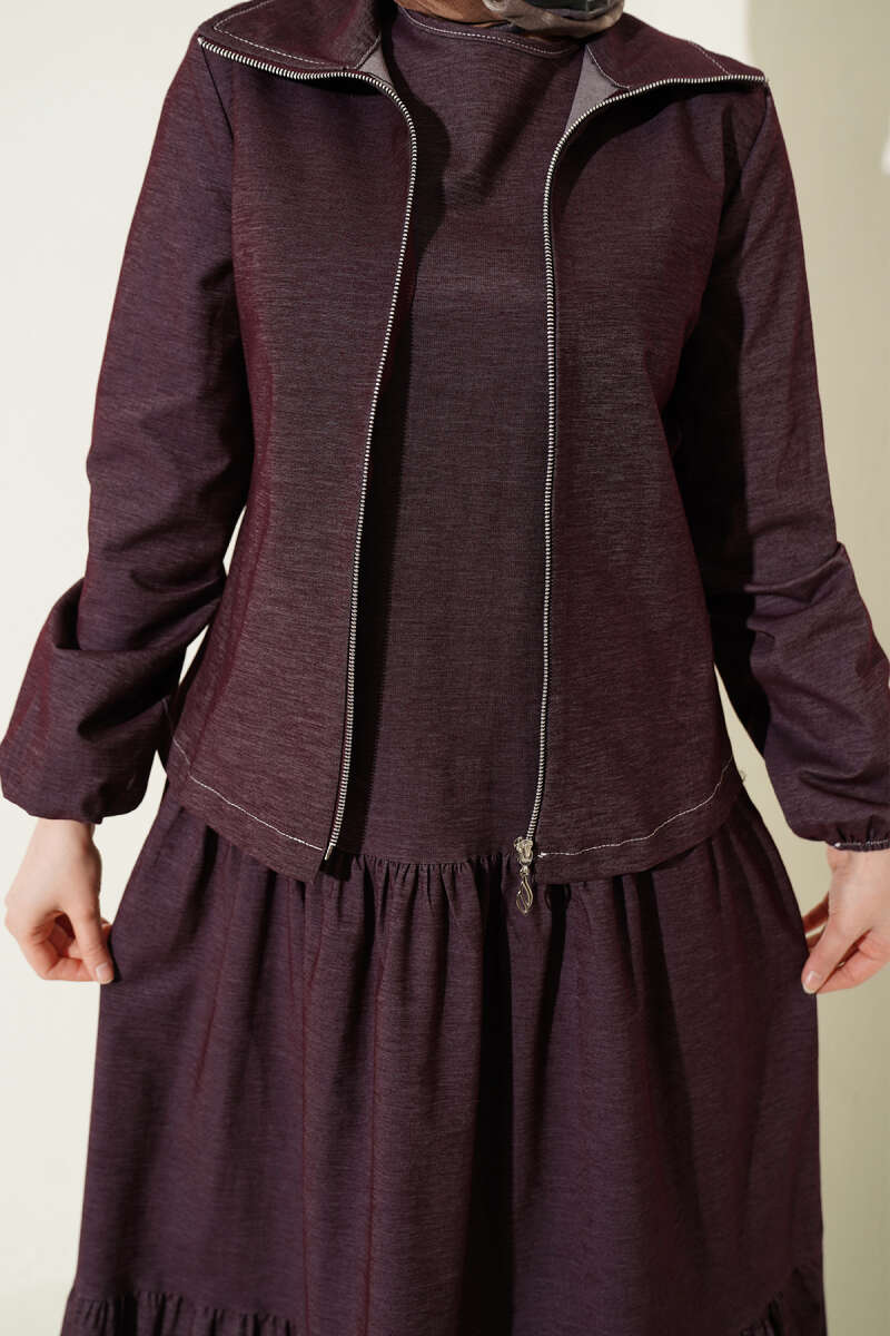 Tiered Denim Pinafore Set with Jacket - Plum