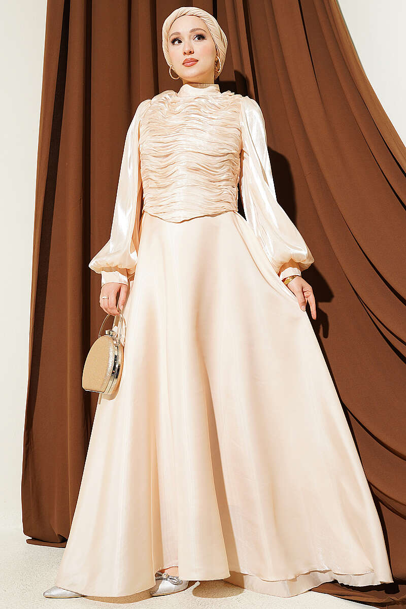 Tiered Corset-Look Evening Dress - Beige