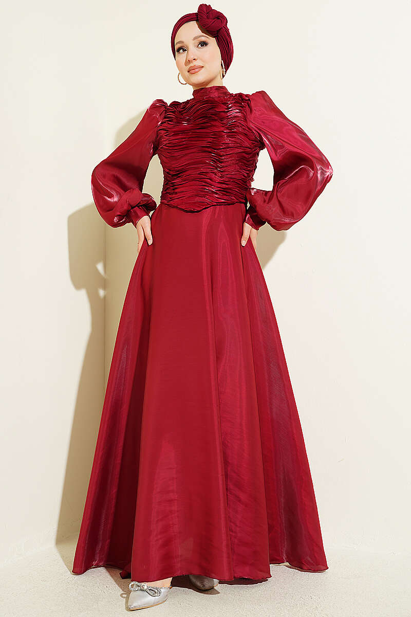 Tiered Corset-Look Evening Dress - Burgundy