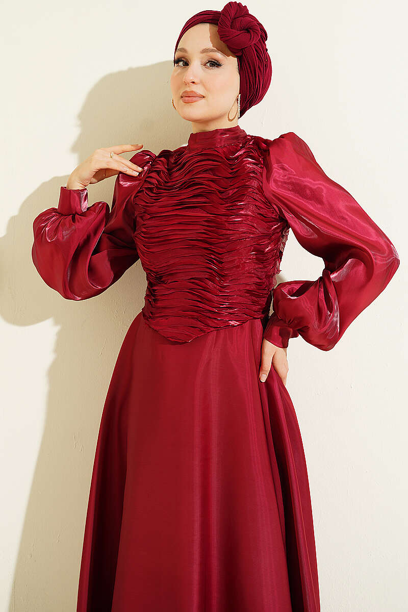 Tiered Corset-Look Evening Dress - Burgundy