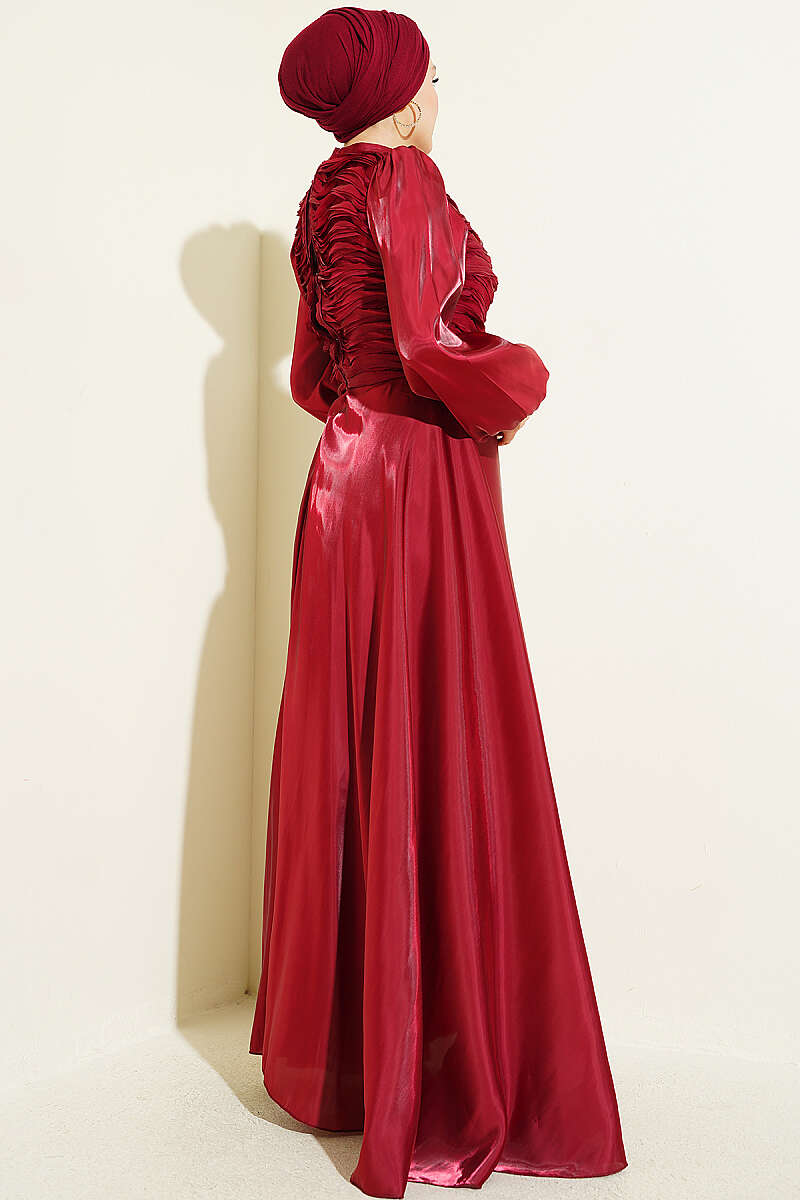 Tiered Corset-Look Evening Dress - Burgundy
