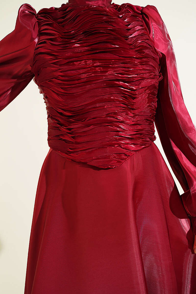 Tiered Corset-Look Evening Dress - Burgundy