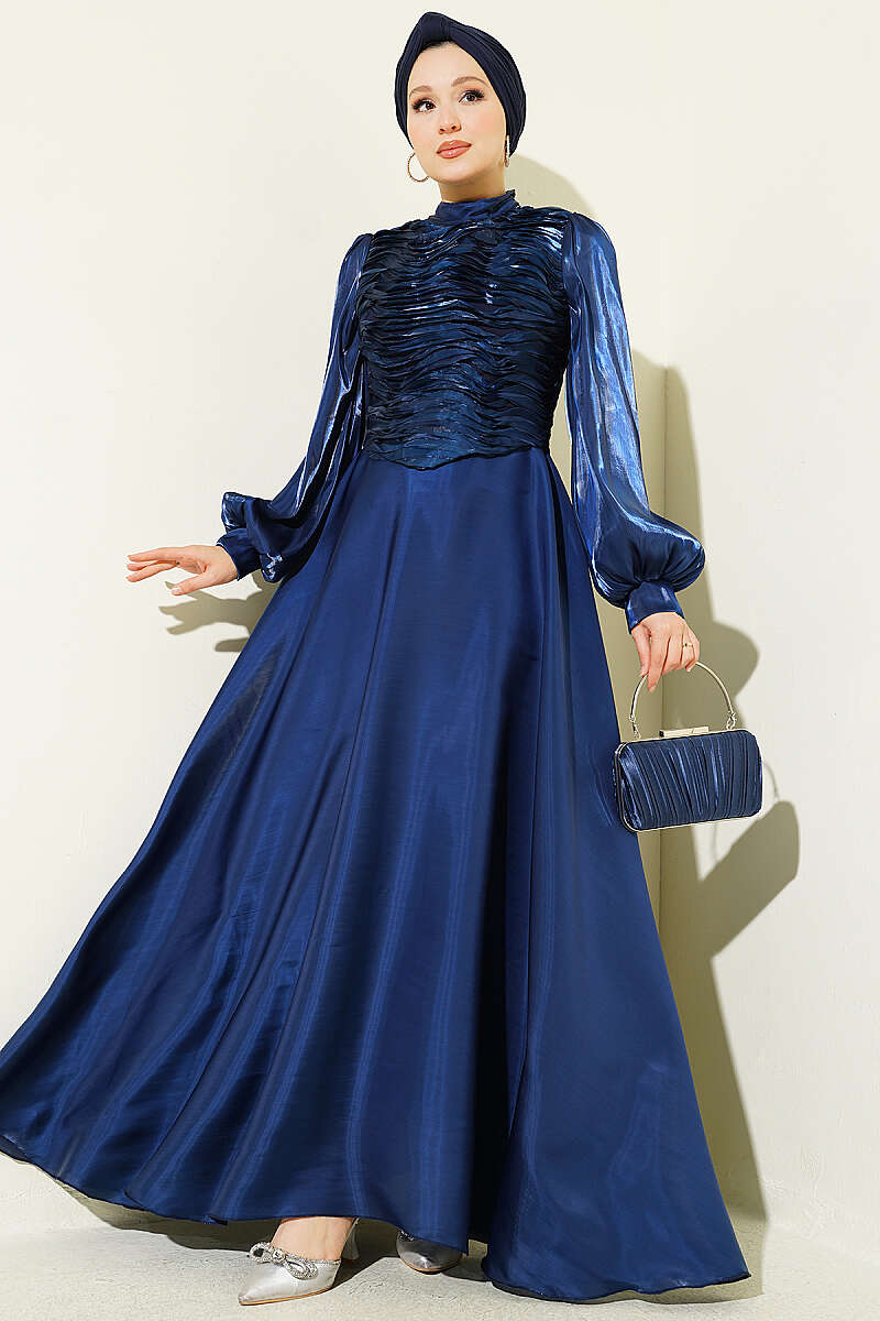 Tiered Corset-Look Evening Dress - Navy