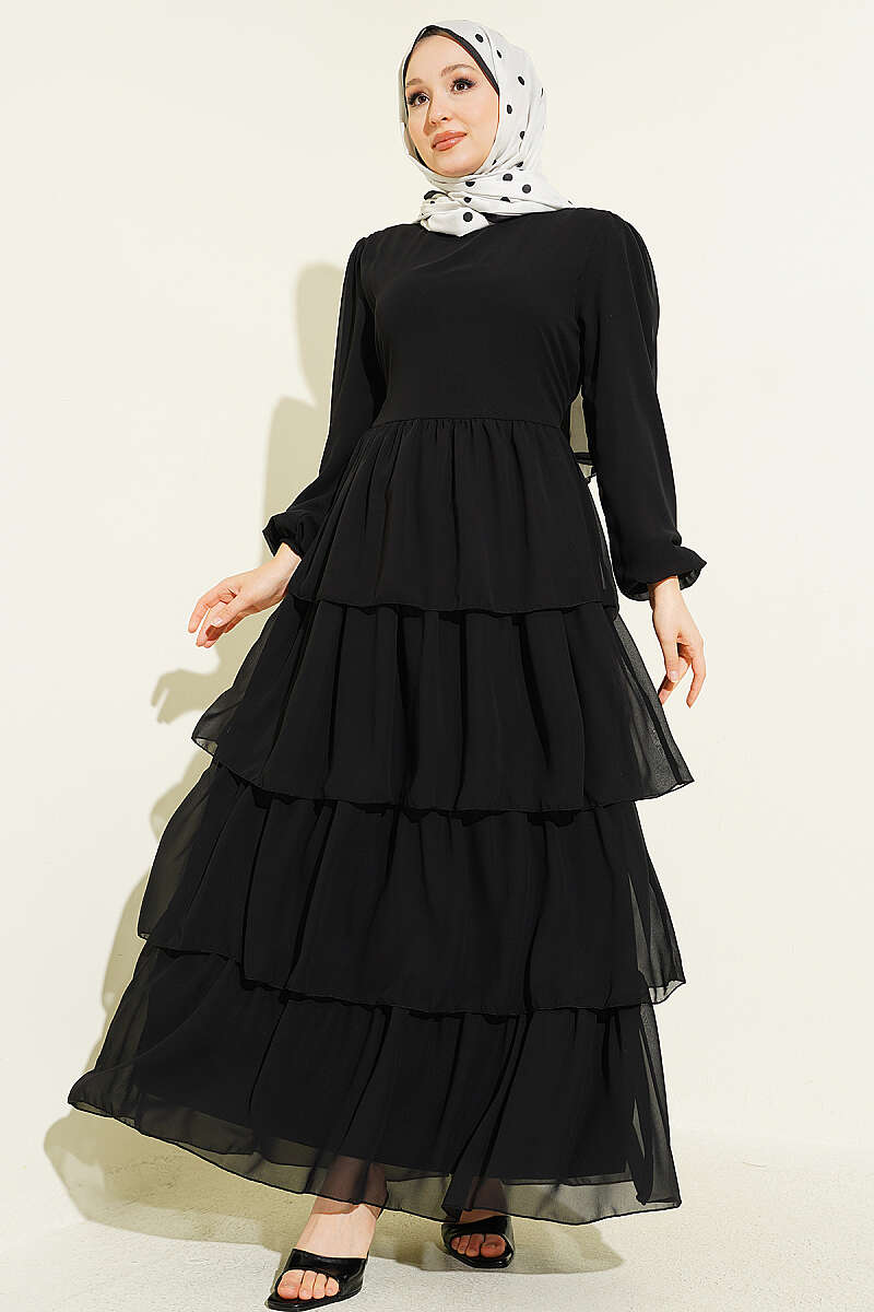 Belted Tiered Chiffon Dress - Black