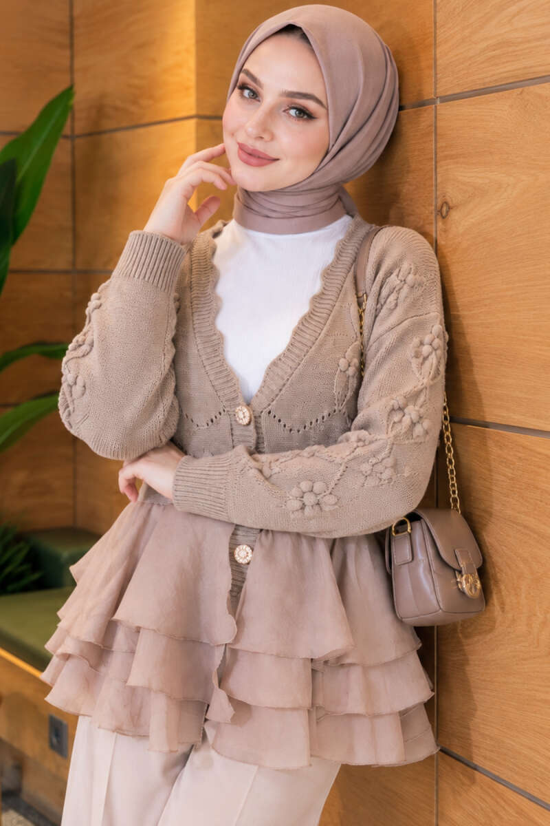 Floral Knit Cardigan with Tiered Tulle - Beige