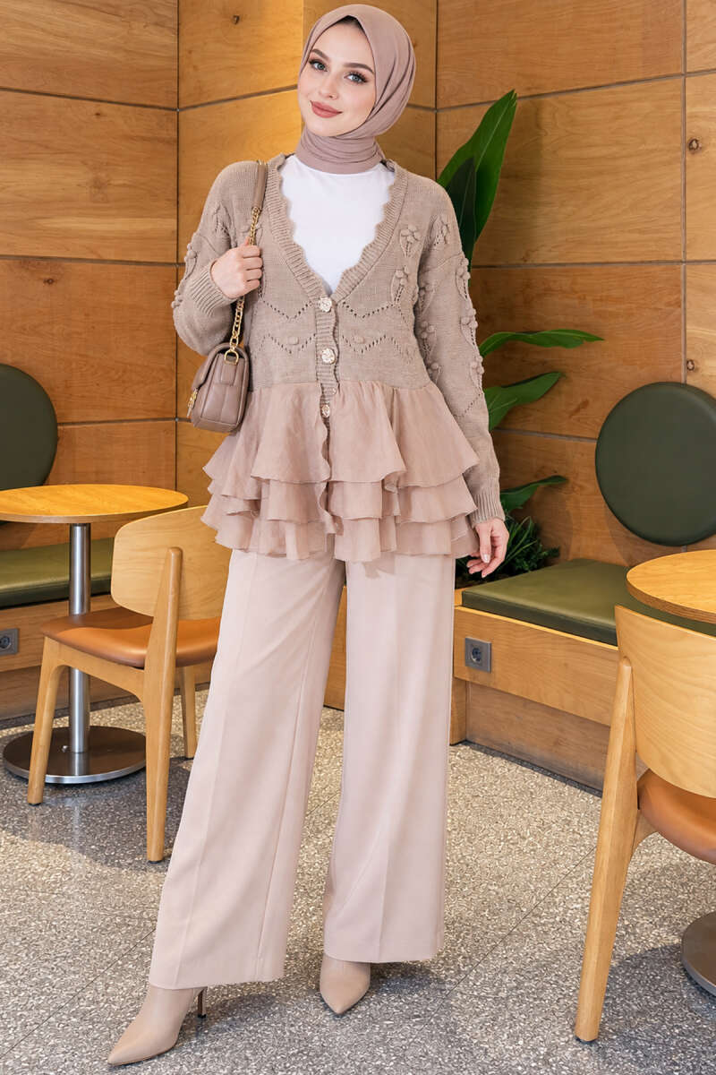 Floral Knit Cardigan with Tiered Tulle - Beige