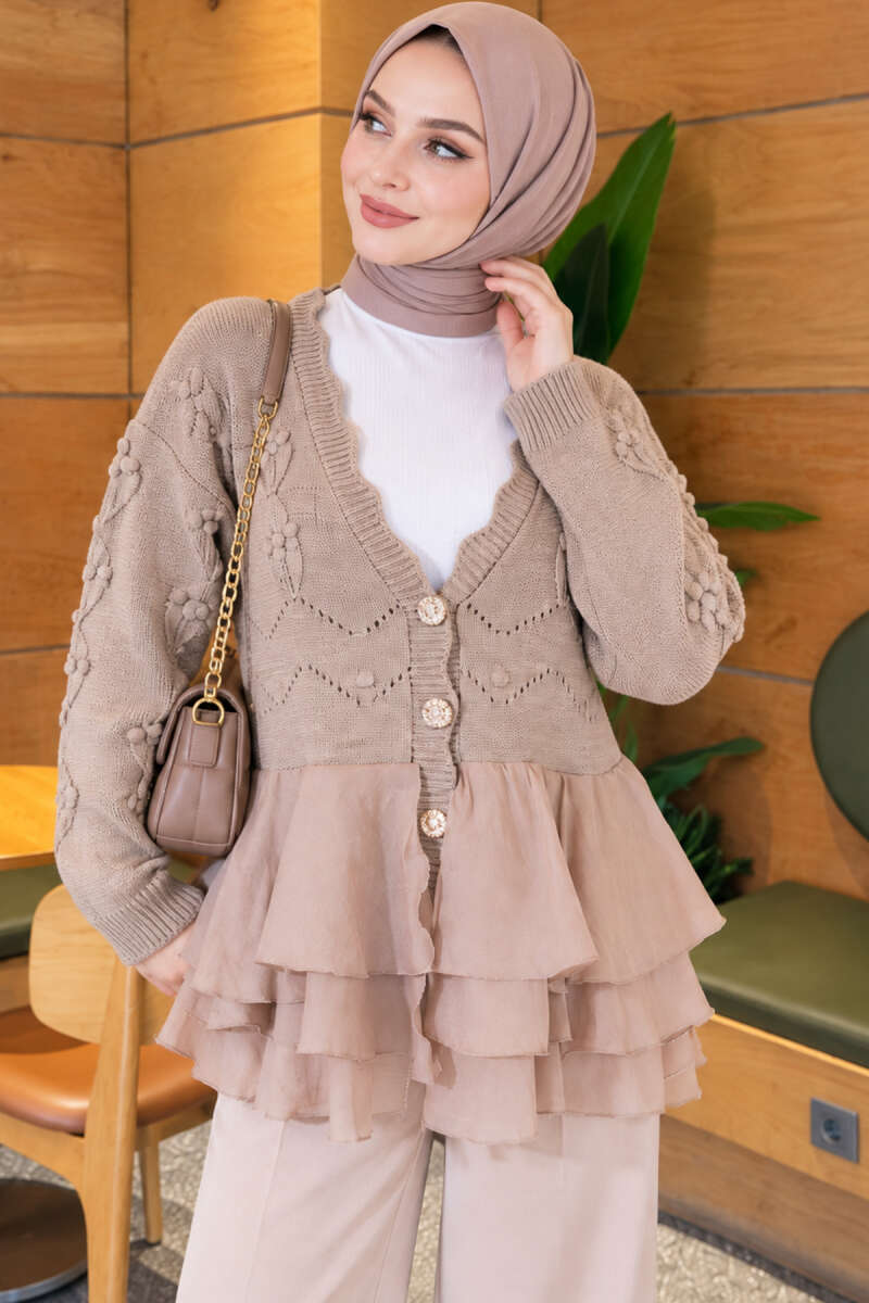 Floral Knit Cardigan with Tiered Tulle - Beige