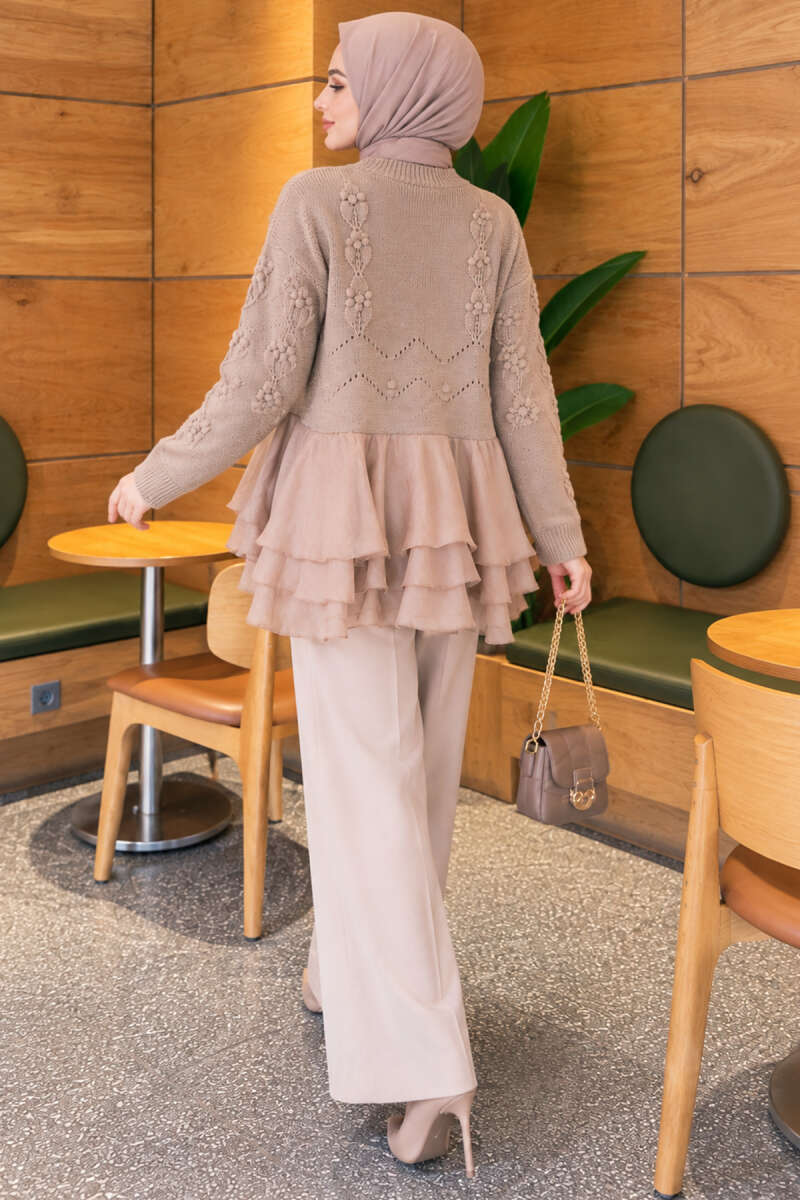 Floral Knit Cardigan with Tiered Tulle - Beige