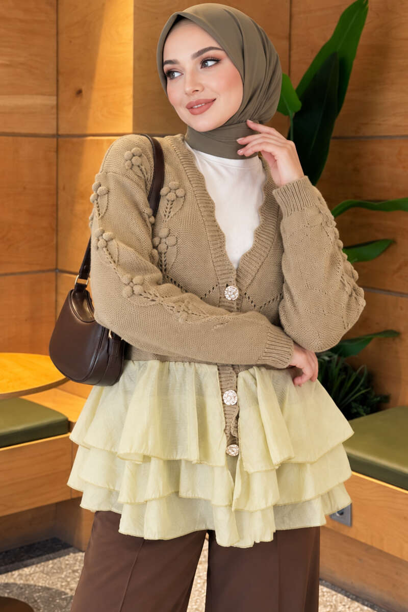 Floral Knit Cardigan with Tiered Tulle - Almond Green