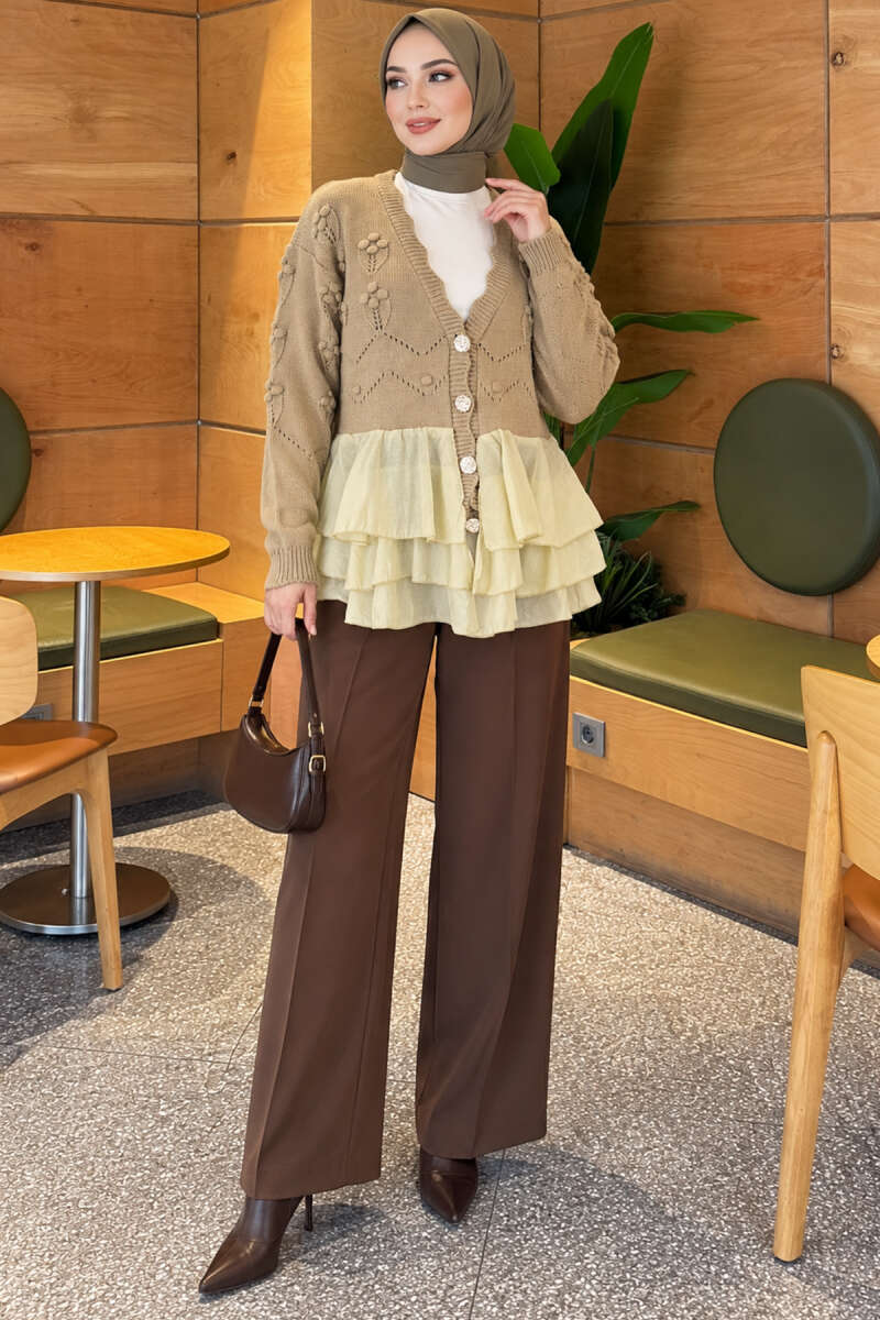 Floral Knit Cardigan with Tiered Tulle - Almond Green