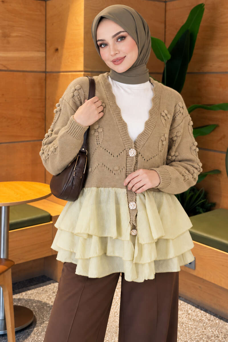 Floral Knit Cardigan with Tiered Tulle - Almond Green