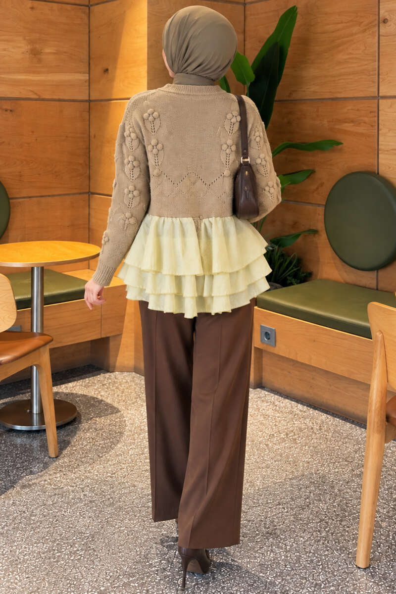 Floral Knit Cardigan with Tiered Tulle - Almond Green