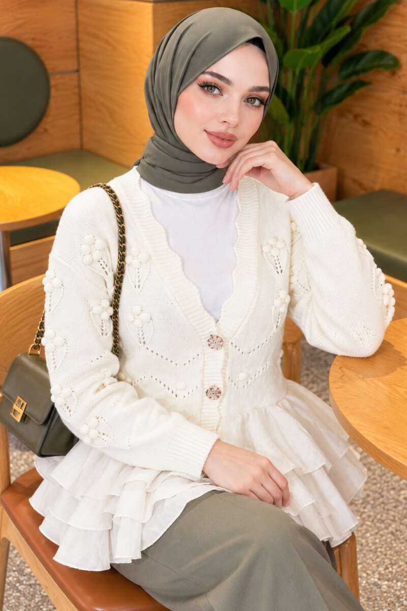 Floral Knit Cardigan with Tiered Tulle - Ecru