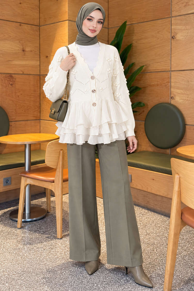 Floral Knit Cardigan with Tiered Tulle - Ecru